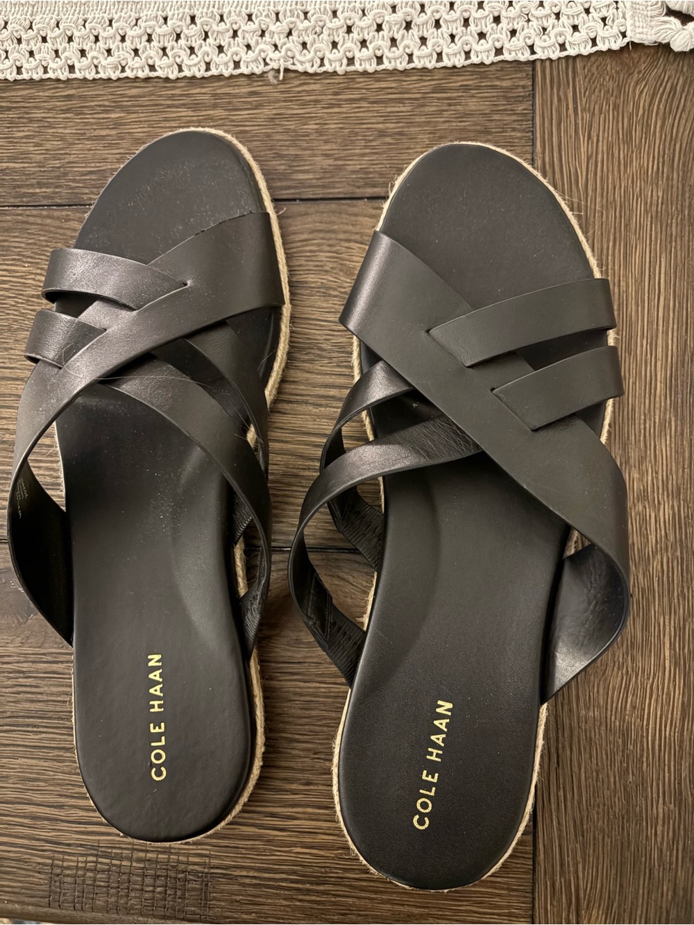 Cole Haan Black Leather Crisscross Espadrille Slide Sandals